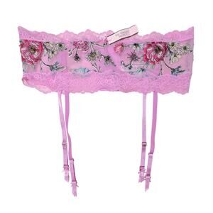 Victoria's Secret Dream Angel Floral Embroidery Garter Belt Lilac Chiffon Floral